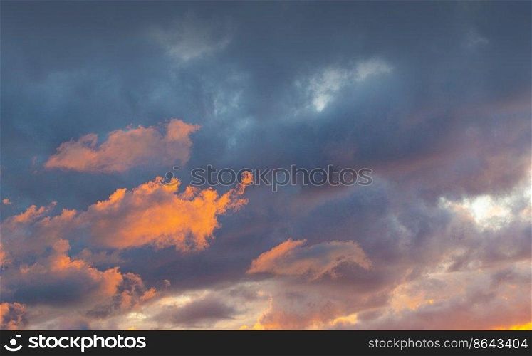 Huge  view of Sunset Sunrise Sundown Sky with colorful dramatic clouds, 