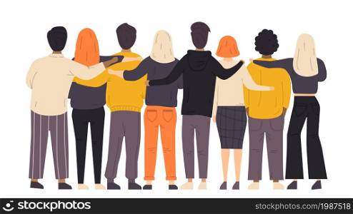 Hugs from friends. Friendship of guys and girls. Unity and good relationships. Family, team, collaboration or partnership. Men and women in a flat style. Vector illustration