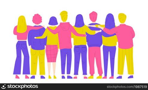 Hugs from friends. Friendship of guys and girls. Unity and good relationships. Family, team, collaboration or partnership. Men and women in a flat style. Vector illustration