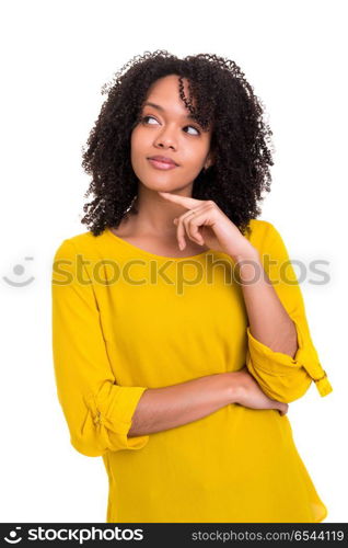 Hum... let me think about this. Studio shot: Young woman having a great idea