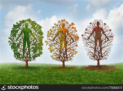 Human aging concept and deterioration of health due to disease in the body as a healthy green tree shaped as a person changing leaf color and losing leaves as a healthcare and medical metaphor for impairment and function loss.