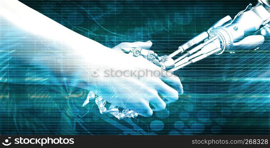 Human and Robot Handshake as a Business Technology Concept. Human and Robot Handshake