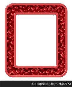 Human blood frame and healthy circulation border design health symbol with red cells flowing through a rectangular vein from the human circulatory system as a medical health care icon of cardiology and cardiovascular fitness.