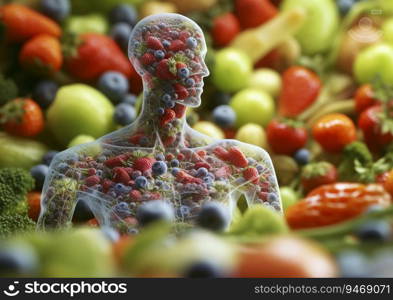 Human body from fruit and berries.High fiber and vitamins concept.AI Generative