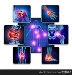 Human body joint pain concept as skeleton and muscle anatomy of the body with a group of sore joints as a painful injury or arthritis illness symbol for health care and medical symptoms with 3D illustration elements.