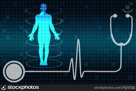 Human body with stethoscope in blue background,3D rendering