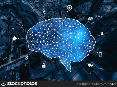 Human brain and infographic template and connection lines on city background in the form of artificial intelligence for technology concept, 3d illustration. Human brain and infographic template and connection lines on cit