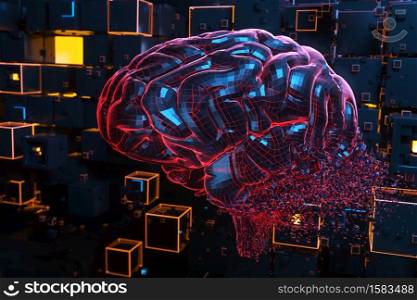 Human brain exploding or shattering. 3D illustration. Human brain exploding or shattering