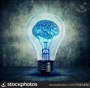 Human brain glowing inside a light bulb. Blue shining lamp on gray background. Emergence of the idea, Eureka creativity concept