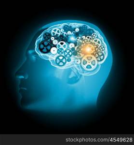 Human brain. Illustration of human brain with cogwheel mechanisms