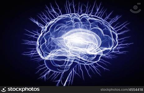 Human brain impulse. Shiny brain in between thunder lightning on dark background