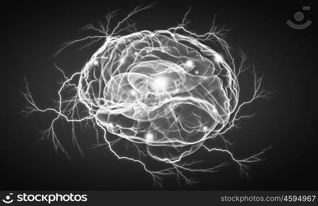 Human brain impulse. Shiny brain in between thunder lightning on dark background