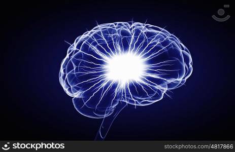 Human brain impulse. Shiny brain in between thunder lightning on dark background