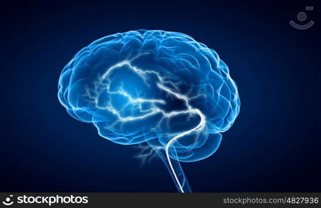 Human brain impulse. Shiny brain in between thunder lightning on dark background