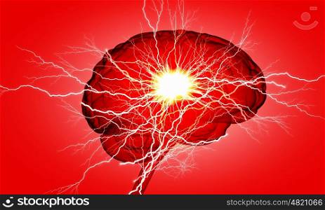 Human brain impulse. Shiny brain in between thunder lightning on white background
