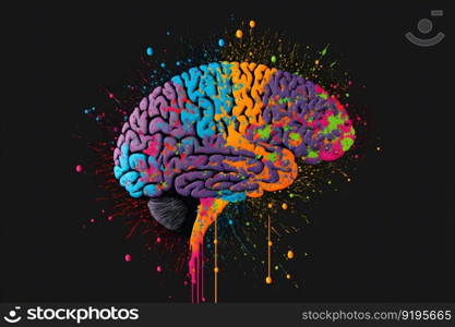 Human brain in colorful splashes on black background. Neural network AI generated art. Human brain in colorful splashes on black background. Neural network generated art