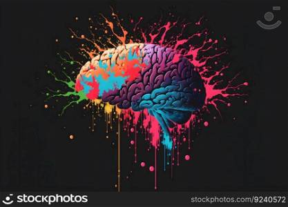 Human brain in colorful splashes on black background. Neural network AI generated art. Human brain in colorful splashes on black background. Neural network generated art