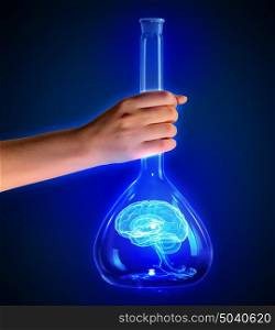 Human brain in test tube. Human hand holding test tube with brain illustration