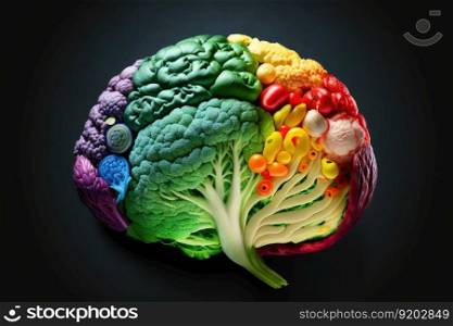 Human brain made of variety of ve≥tab≤s in concept of hea<hy food for hea<h care. distinct≥≠rative AI ima≥.. Human brain made of variety of ve≥tab≤s in concept of hea<hy food for hea<h care