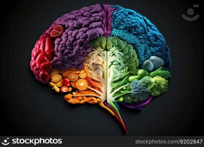 Human brain made of variety of vegetables in concept of healthy food for health care. distinct generative AI image.. Human brain made of variety of vegetables in concept of healthy food for health care