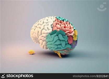 Human brain made with flowers in concept of mental health and self caring. distinct generative AI image.. Human brain made with flowers in concept of mental health and self caring
