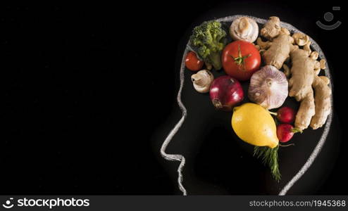 human brain made with vegetables blackboard. High resolution photo. human brain made with vegetables blackboard. High quality photo