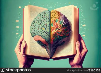 Human brain on a book and color background . Minimal abstract concept of school, culture, intelligence, reading or education. Generative AI