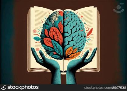 Human brain on a book and color background . Minimal abstract concept of school, culture, intelligence, reading or education. Generative AI