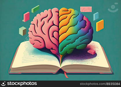 Human brain on a book and color background. Minimal abstract concept of school, culture, intelligence, reading or education. Generative AI 