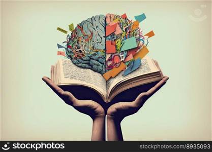 Human brain on a book and color background. Minimal abstract concept of school, culture, intelligence, reading or education. Generative AI 