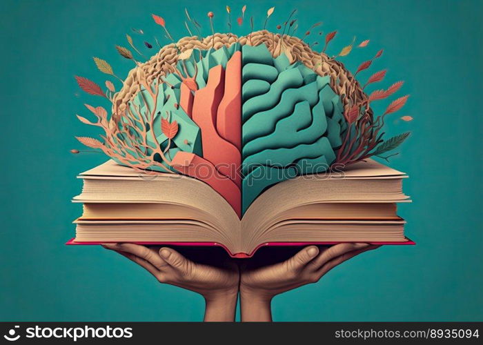 Human brain on a book and color background. Minimal abstract concept of school, culture, intelligence, reading or education. Generative AI 