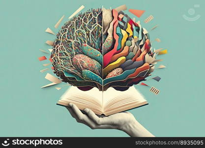 Human brain on a book and color background. Minimal abstract concept of school, culture, intelligence, reading or education. Generative AI 