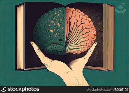 Human brain on a book and color background. Minimal abstract concept of school, culture, intelligence, reading or education. Generative AI 