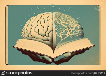 Human brain on a book and color background. Minimal abstract concept of school, culture, intelligence, reading or education. Generative AI 