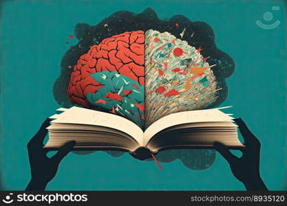 Human brain on a book and color background. Minimal abstract concept of school, culture, intelligence, reading or education. Generative AI 