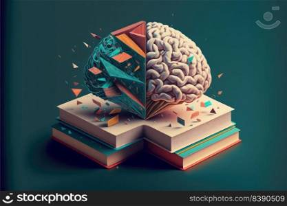 Human brain on a book on dark background. Minimal abstract concept of school, intelligence, reading or education. Charger for brain idea. Generative AI