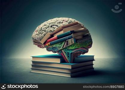 Human brain on a book on dark background. Minimal abstract concept of school, intelligence, reading or education. Charger for brain idea. Generative AI