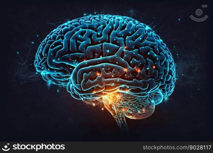 Human Brain processing glow with technology connection data symbols. Generative AI . High quality illustration. Human Brain processing glow with technology connection data symbols. Generative AI 