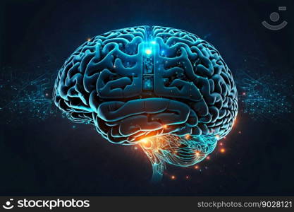 Human Brain processing glow with technology connection data symbols. Generative AI . High quality illustration. Human Brain processing glow with technology connection data symbols. Generative AI 