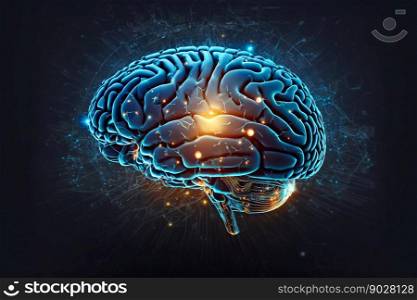 Human Brain processing glow with technology connection data symbols. Generative AI . High quality illustration. Human Brain processing glow with technology connection data symbols. Generative AI 