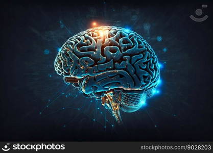 Human Brain processing glow with technology connection data symbols. Generative AI . High quality illustration. Human Brain processing glow with technology connection data symbols. Generative AI 