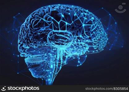 Human brain shape of an artificial intelligence with line dots on dark blue color background. Digital technology brain concept. Neural network AI generated art. Human brain shape of an artificial intelligence with line dots on dark blue color background. Digital technology brain concept. Neural network AI generated