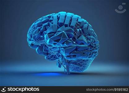 Human brain shape of an artificial intelligence with line dots on dark blue color background. Digital technology brain concept. Neural network AI generated art. Human brain shape of an artificial intelligence with line dots on dark blue color background. Digital technology brain concept. Neural network AI generated