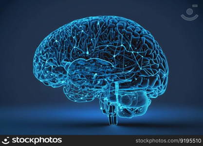 Human brain shape of an artificial intelligence with line dots on dark blue color background. Digital technology brain concept. Neural network AI generated art. Human brain shape of an artificial intelligence with line dots on dark blue color background. Digital technology brain concept. Neural network AI generated