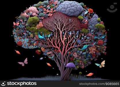 Human brain tree with flowers, mental hea<h concept, positive thinking. Earth’s Day. Ge≠rative AI
