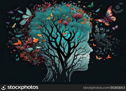 Human brain tree with flowers, mental health concept, positive thinking. Earth’s Day. Generative AI