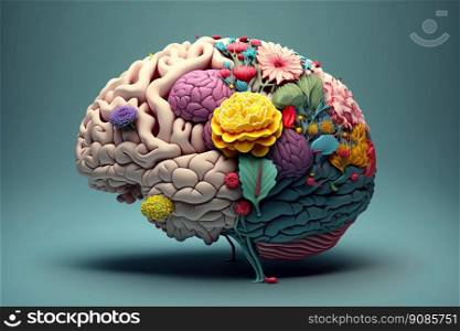 Human brain tree with flowers, mental health concept, positive thinking. Earth’s Day. Generative AI