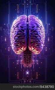 Human Brain with Digital Technology in Purple Ultraviolet Neon Colors. Generative ai. High quality illustration. Human Brain with Digital Technology in Purple Ultraviolet Neon Colors. Generative ai