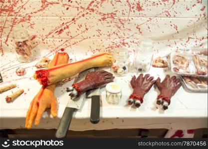 Human butchered on a table the day of hallowen