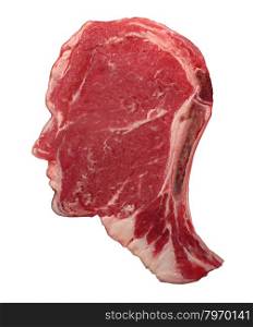 Human carnivore food concept with a red meat steak in the shape of a head as a symbol of agriculture diet and nutrition from animal flesh as a source of protien and thinking about the risks and benefits.